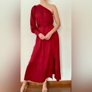 Red One Sleeve Off The Shoulder Burgundy Gown Dress Slit Kirundo Silky M Sexy
